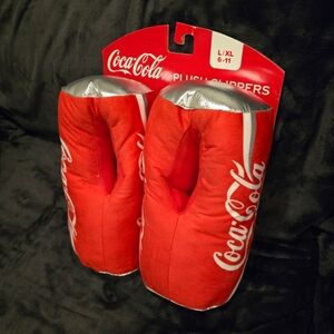 Rare Coca-Cola Red and Silver Plush Slippers, Size L/XL (6 to 11)